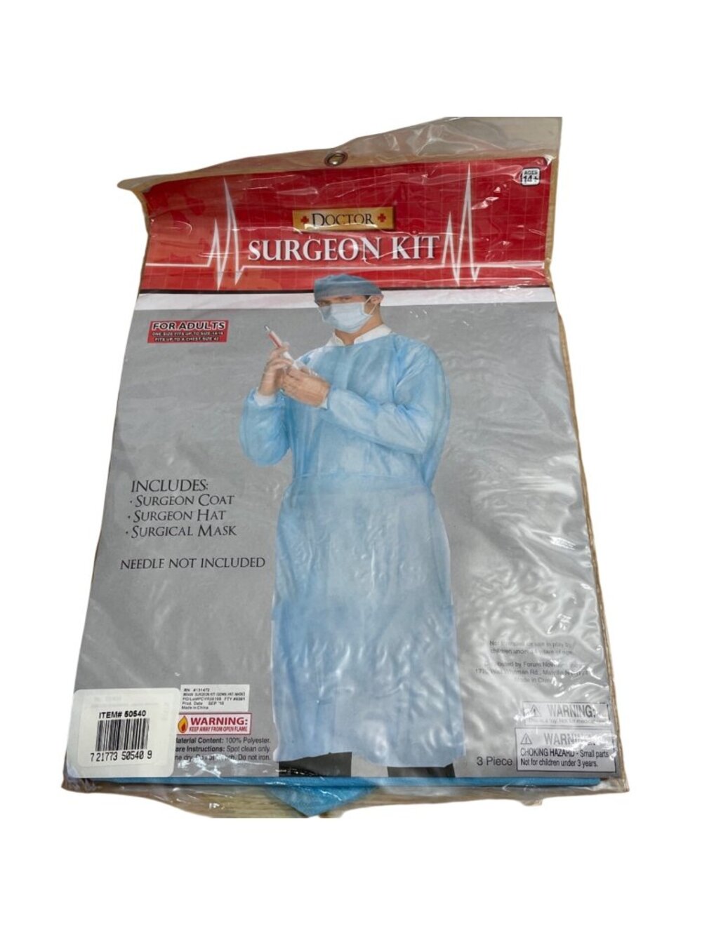 Doctor Surgeon Halloween Costume Adults One Size 14/16 Chest Sz 42 Coat Hat Mask